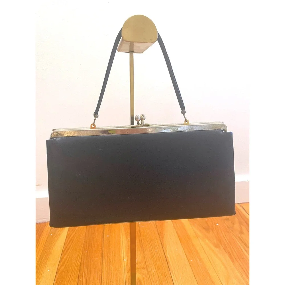 Vintage 1950s Evening Bag Andé Navy Leather Kiss Lock Clutch‎ Mid Century